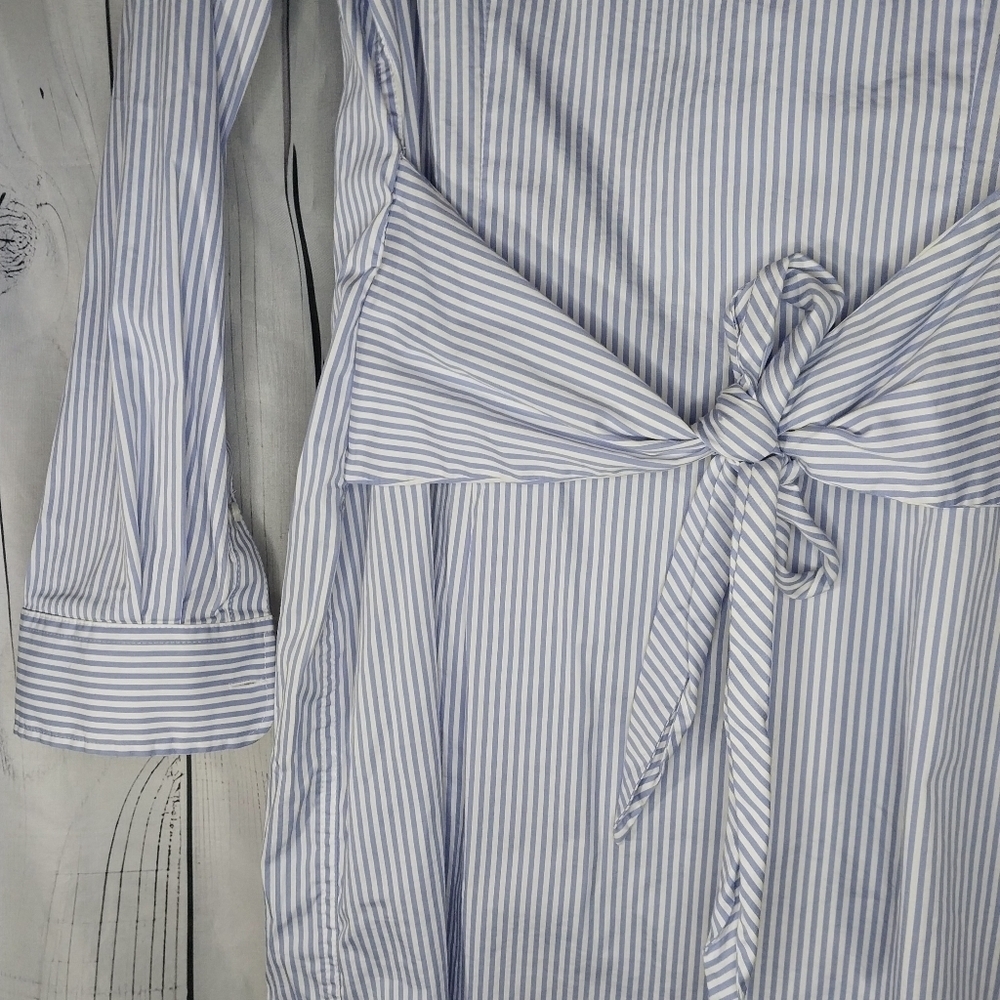 UNTUCKit Blue And White Pinstripe Tie Waist Long Sleeve Shirt Dress - Picture 11 of 13